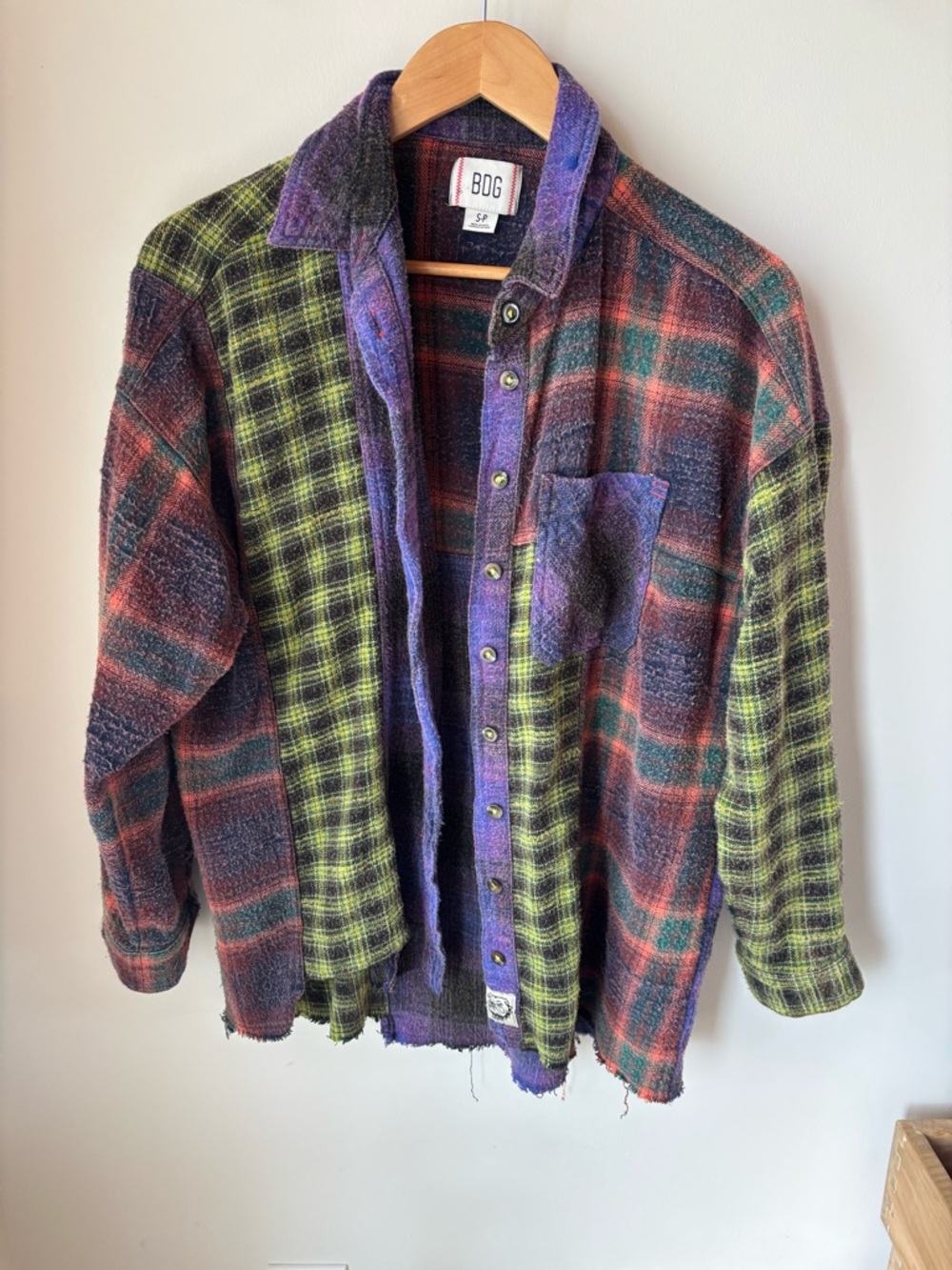 BDG Patchwork Plaid Shacket in Green, Purple, Red -vintage worn in feel
